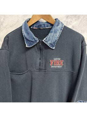 Vintage 90s Santee Fire Dept Sweatshirt Mens Large Blue 1/2 Zip Firefighter 90s